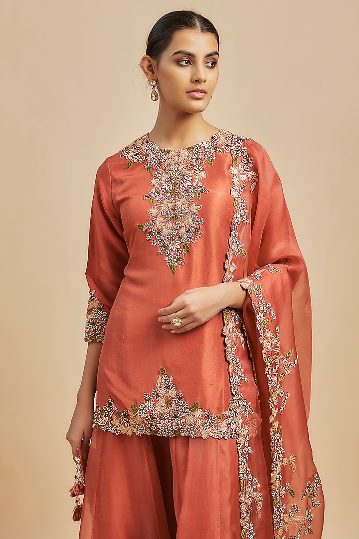 Deep Orange Resham Embroidered Bridal Sharara Set by Prisho at Pernia's Pop Up Shop