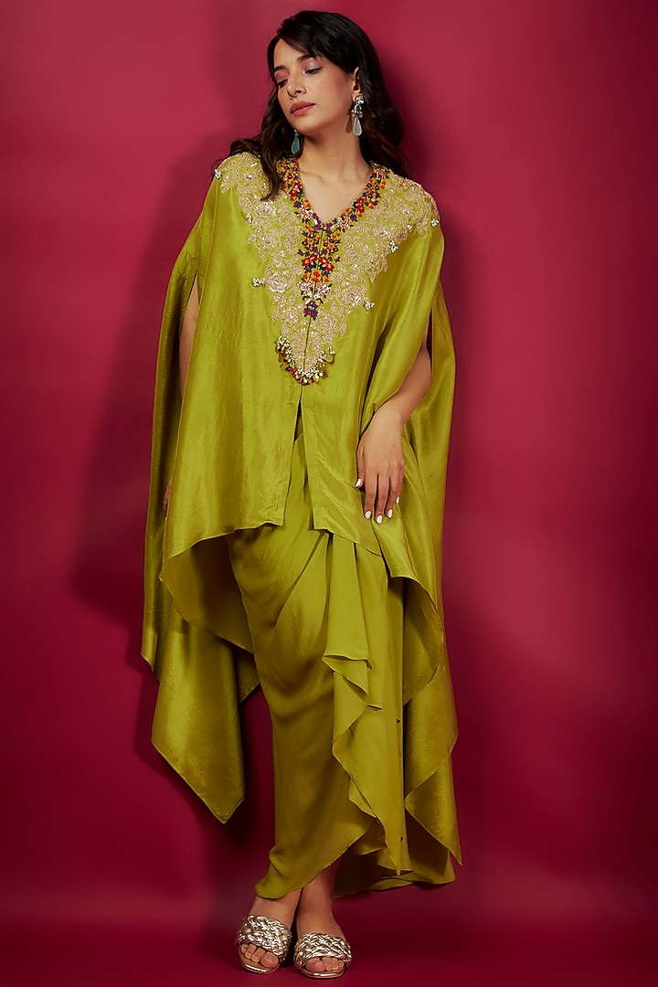Lime Green Silk Dori Work Kaftan Set by Prisho at Pernia's Pop Up Shop