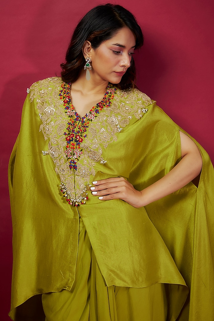 Lime Green Silk Dori Work Kaftan Set by Prisho at Pernia's Pop Up Shop