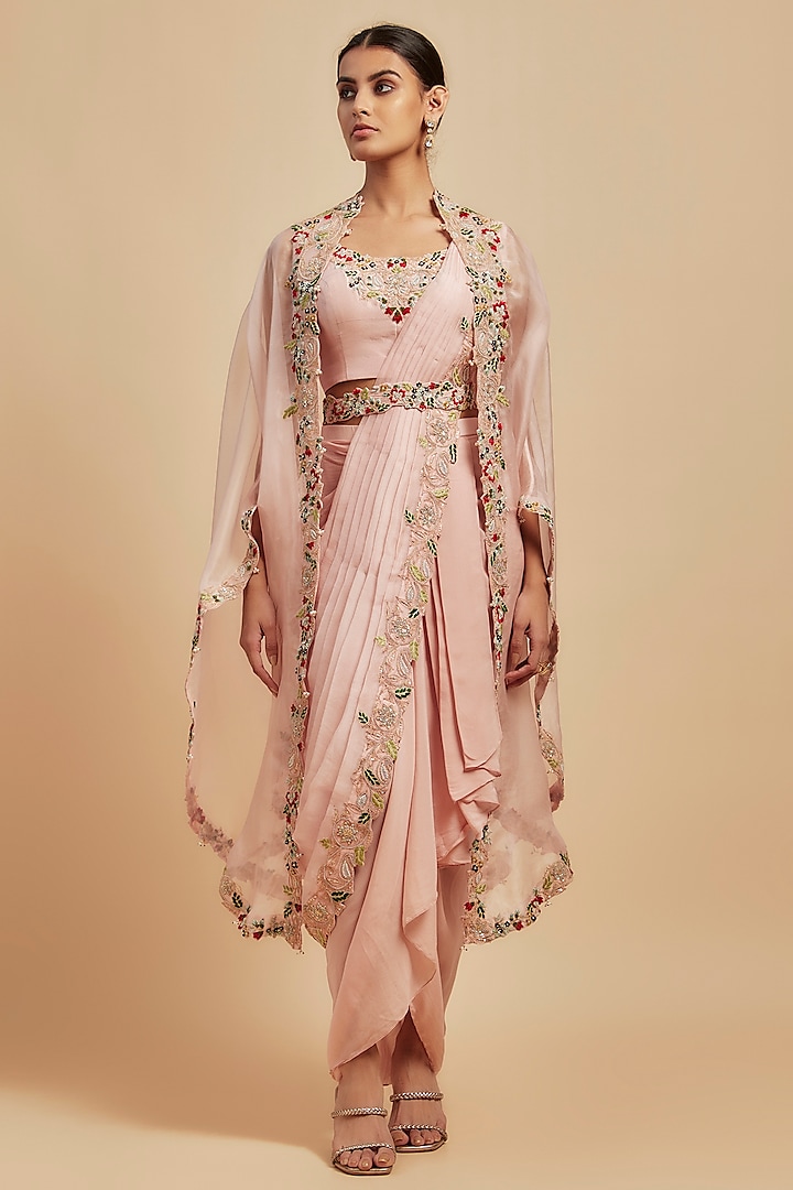 Pink Silk & Organza Dori Embroidered Draped Skirt Saree Set by Prisho