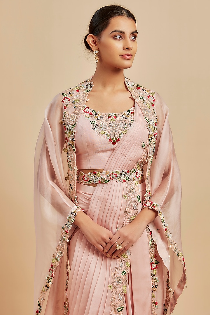 Pink Silk & Organza Dori Embroidered Draped Skirt Wedding Saree Set by Prisho at Pernia's Pop Up Shop
