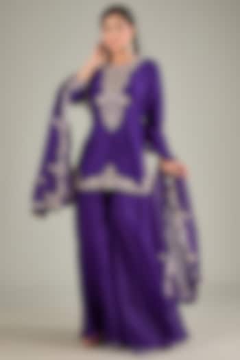 Dark Purple Silk Wedding Sharara Set by Prisho at Pernia's Pop Up Shop