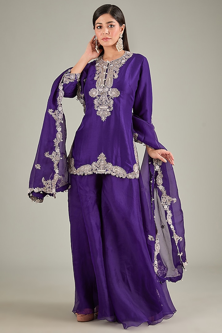 Dark Purple Silk Wedding Sharara Set by Prisho at Pernia's Pop Up Shop