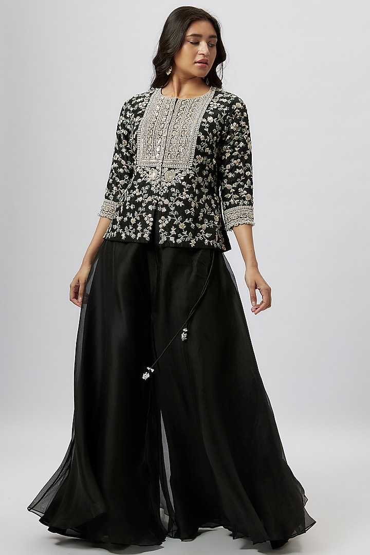 Black Silk Dori Embroidered Jacket Set by Prisho at Pernia's Pop Up Shop