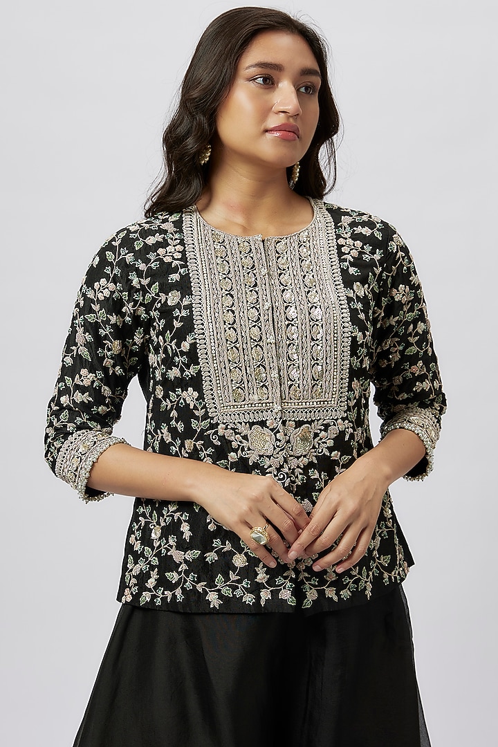 Black Silk Dori Embroidered Jacket Set by Prisho at Pernia's Pop Up Shop