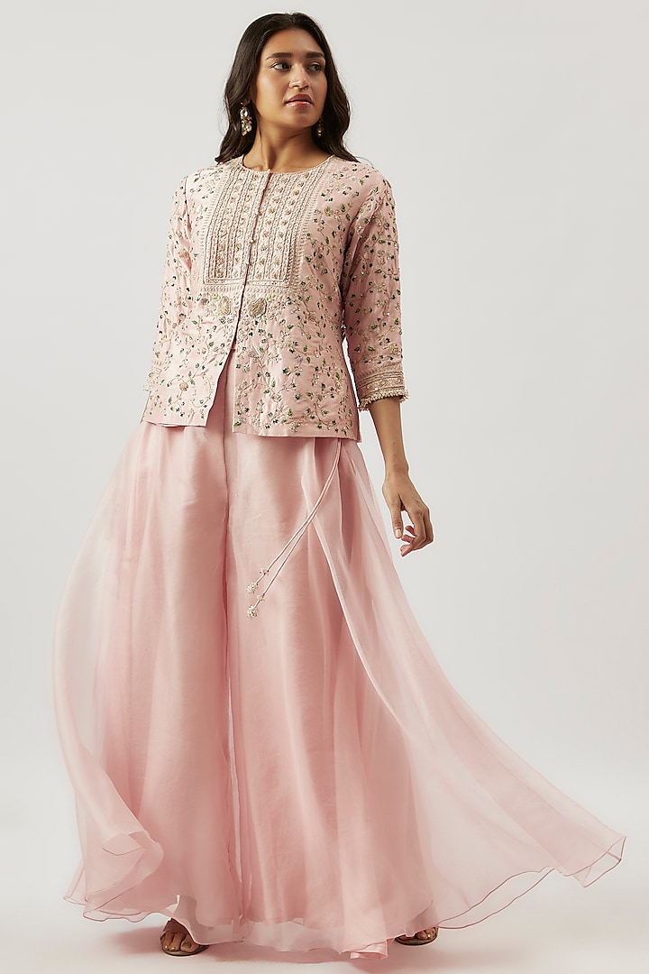 Pink Silk Dori Embroidered Jacket Set by Prisho