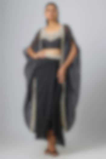 Black Organza Resham Work Cape Set by Prisho at Pernia's Pop Up Shop