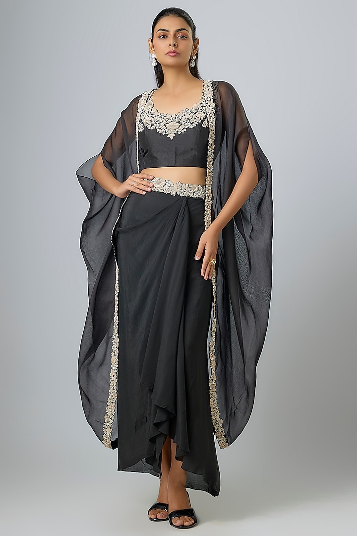 Black Organza Resham Work Cape Set by Prisho at Pernia's Pop Up Shop