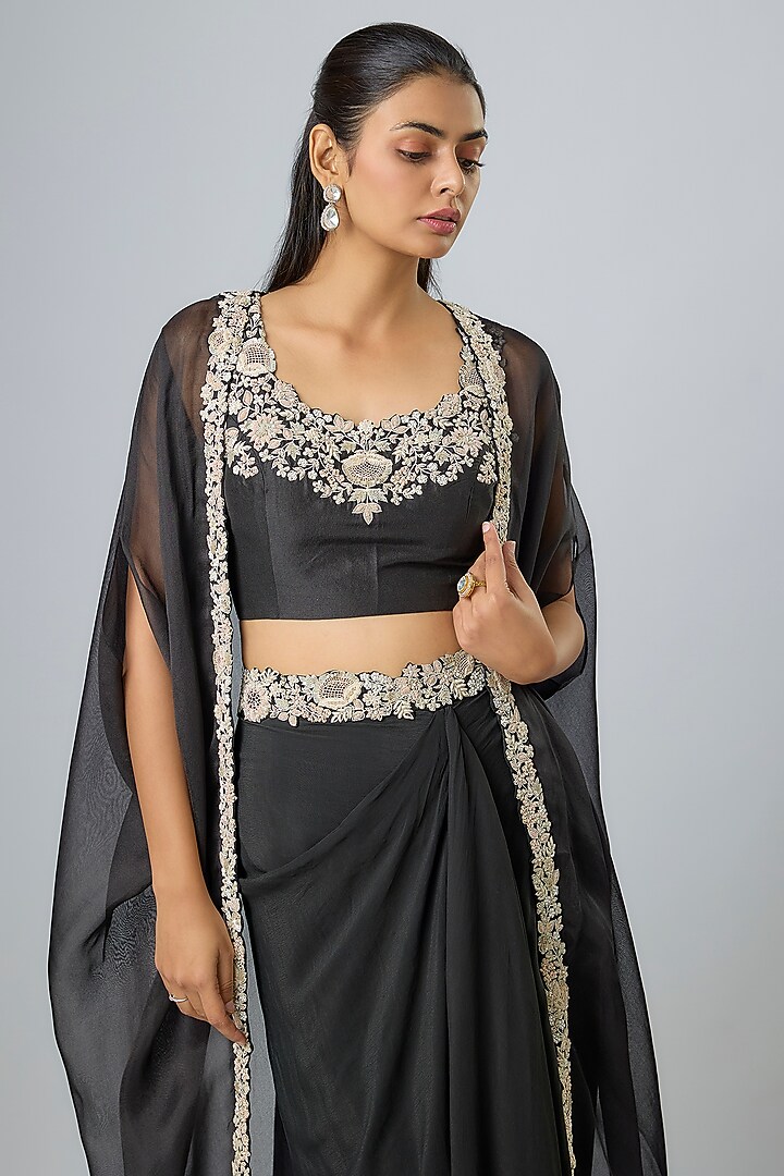 Black Organza Resham Work Cape Set by Prisho at Pernia's Pop Up Shop