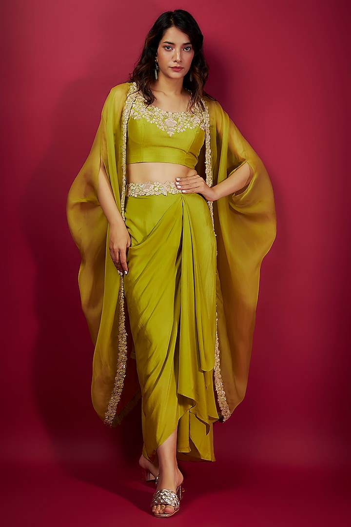 Lime Green Organza Resham Embroidered Cowl Cape Set by Prisho