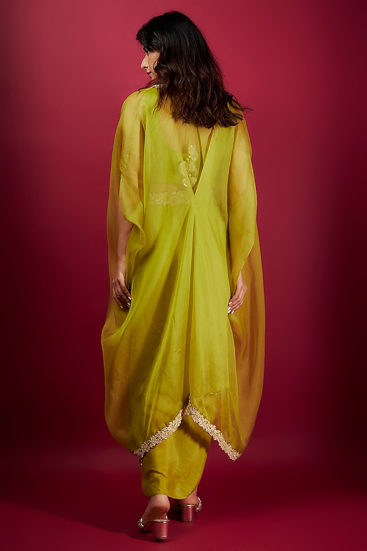 Lime Green Organza Resham Embroidered Cowl Cape Set by Prisho at Pernia's Pop Up Shop