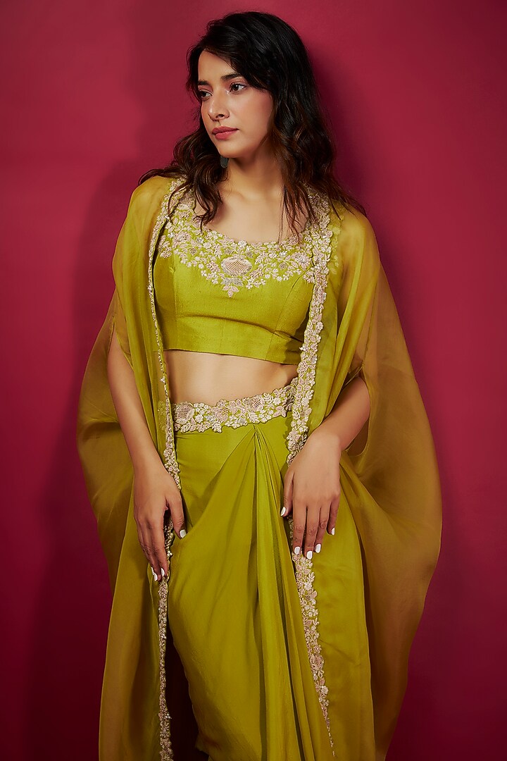 Lime Green Organza Resham Embroidered Cowl Cape Set by Prisho at Pernia's Pop Up Shop