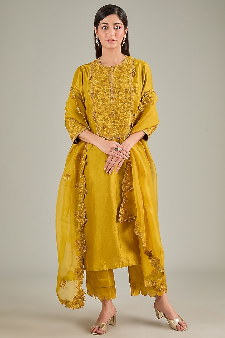 Mustard Silk Resham Work Kurta Set by Prisho at Pernia's Pop Up Shop