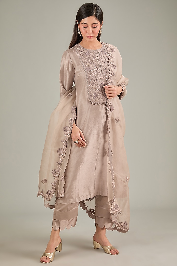 Champagne Silk Resham Work Kurta Set by Prisho at Pernia's Pop Up Shop