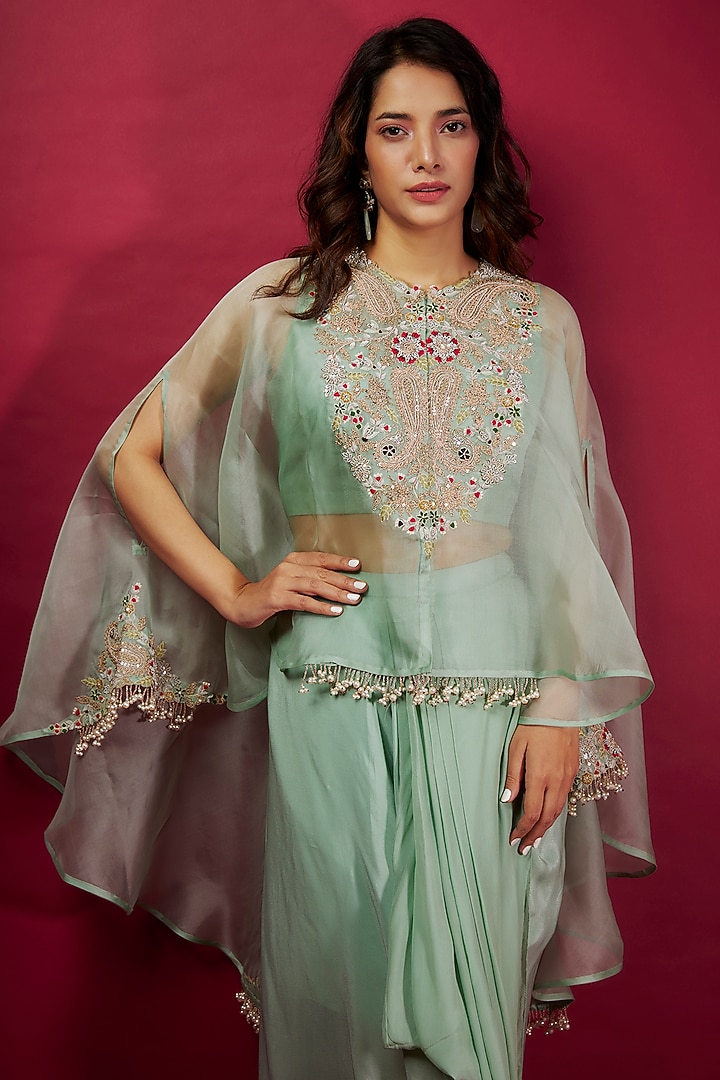 Aqua Organza Dori Embroidered Umbrella Cape Set by Prisho at Pernia's Pop Up Shop