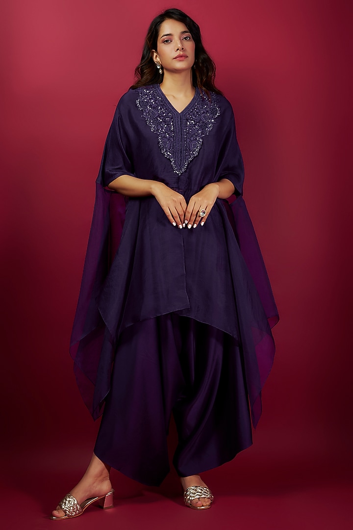 Purple Semi Organza Resham Embroidered Kaftan Set by Prisho at Pernia's Pop Up Shop
