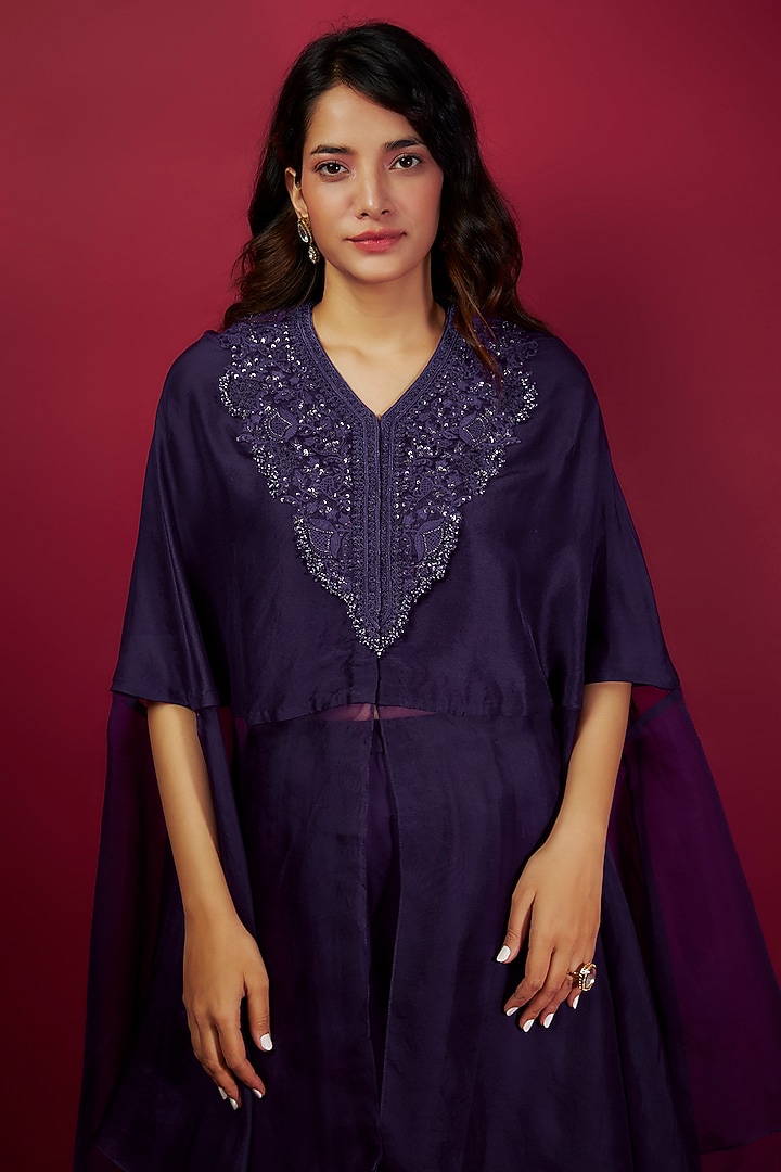 Purple Semi Organza Resham Embroidered Kaftan Set by Prisho at Pernia's Pop Up Shop