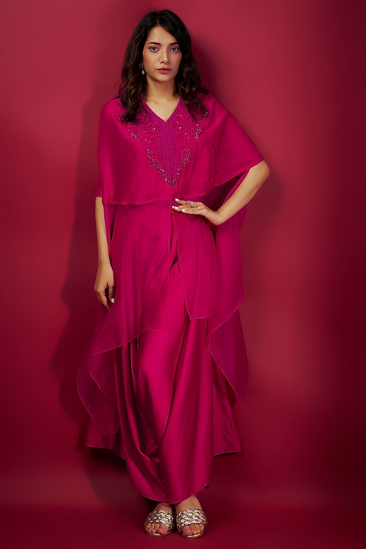 Red Semi Organza Resham Embroidered Kaftan Set by Prisho at Pernia's Pop Up Shop