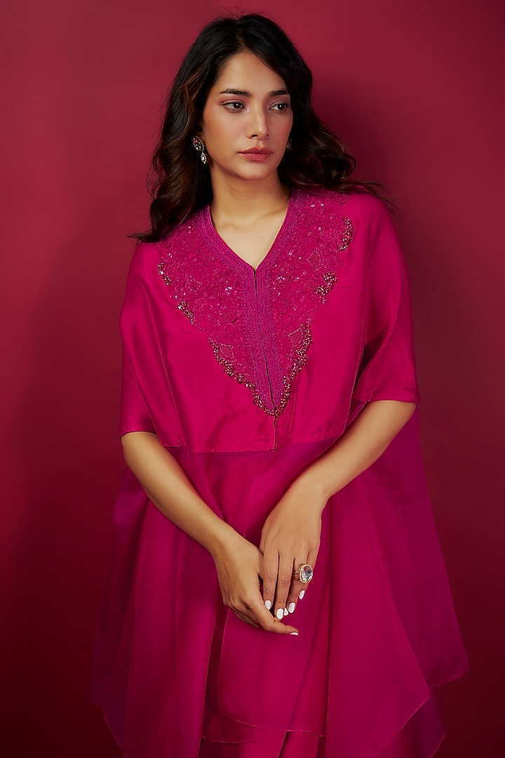 Red Semi Organza Resham Embroidered Kaftan Set by Prisho at Pernia's Pop Up Shop