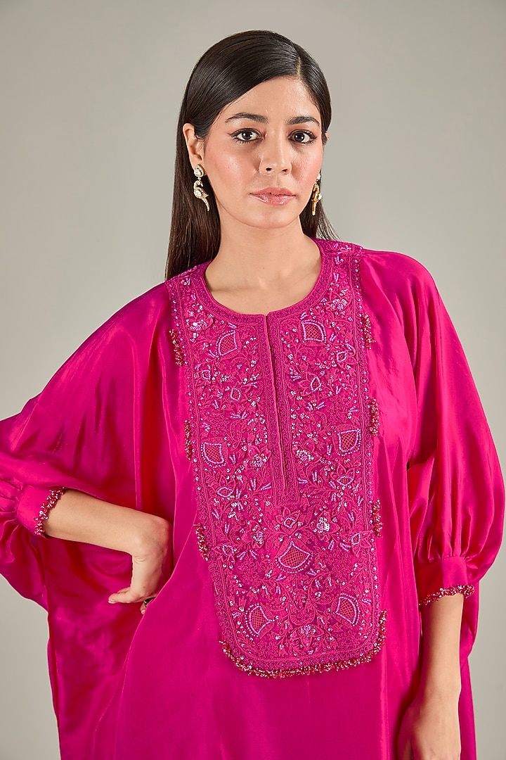 Fuchsia Bemberg Resham Work Kaftan Set by Prisho at Pernia's Pop Up Shop