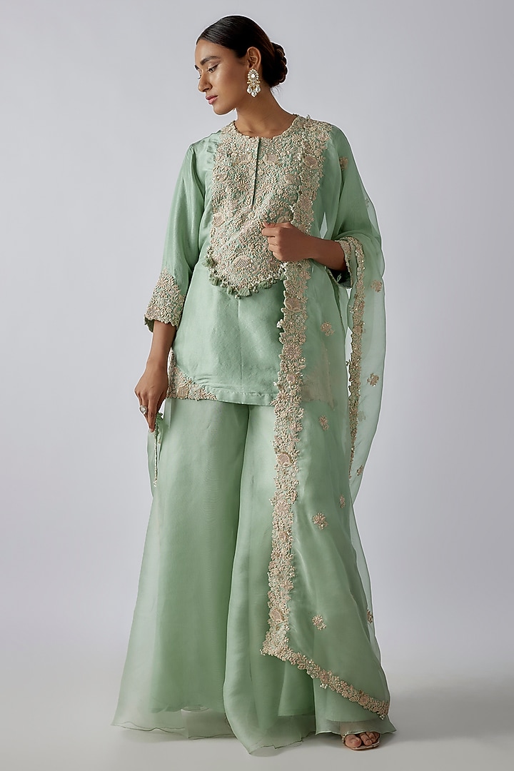 Mint Blue Organza Wedding Sharara Set by Prisho at Pernia's Pop Up Shop