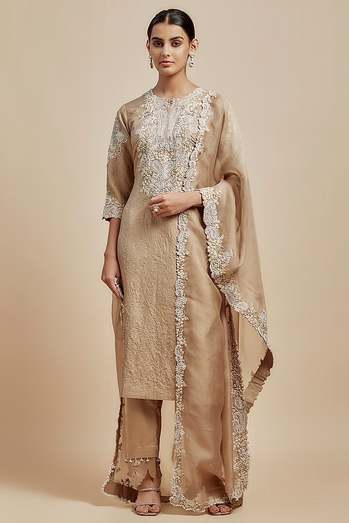 Beige Crushed Silk Resham Embroidered Kurta Set by Prisho at Pernia's Pop Up Shop