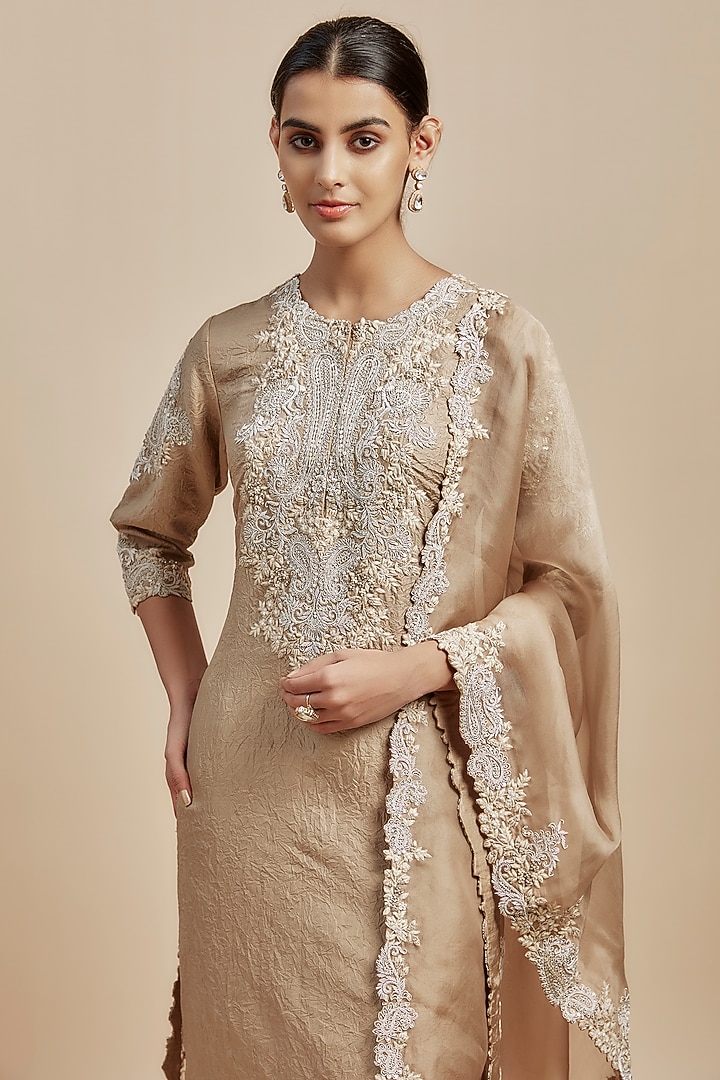 Beige Crushed Silk Resham Embroidered Kurta Set by Prisho at Pernia's Pop Up Shop