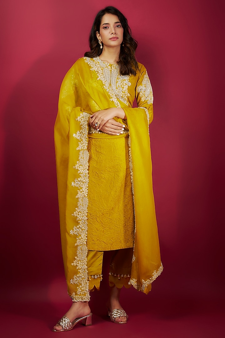 Yellow Silk Crushed Resham Embroidered Kurta Set by Prisho at Pernia's Pop Up Shop