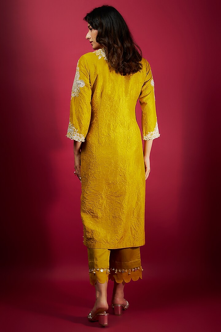 Yellow Silk Crushed Resham Embroidered Kurta Set by Prisho at Pernia's Pop Up Shop