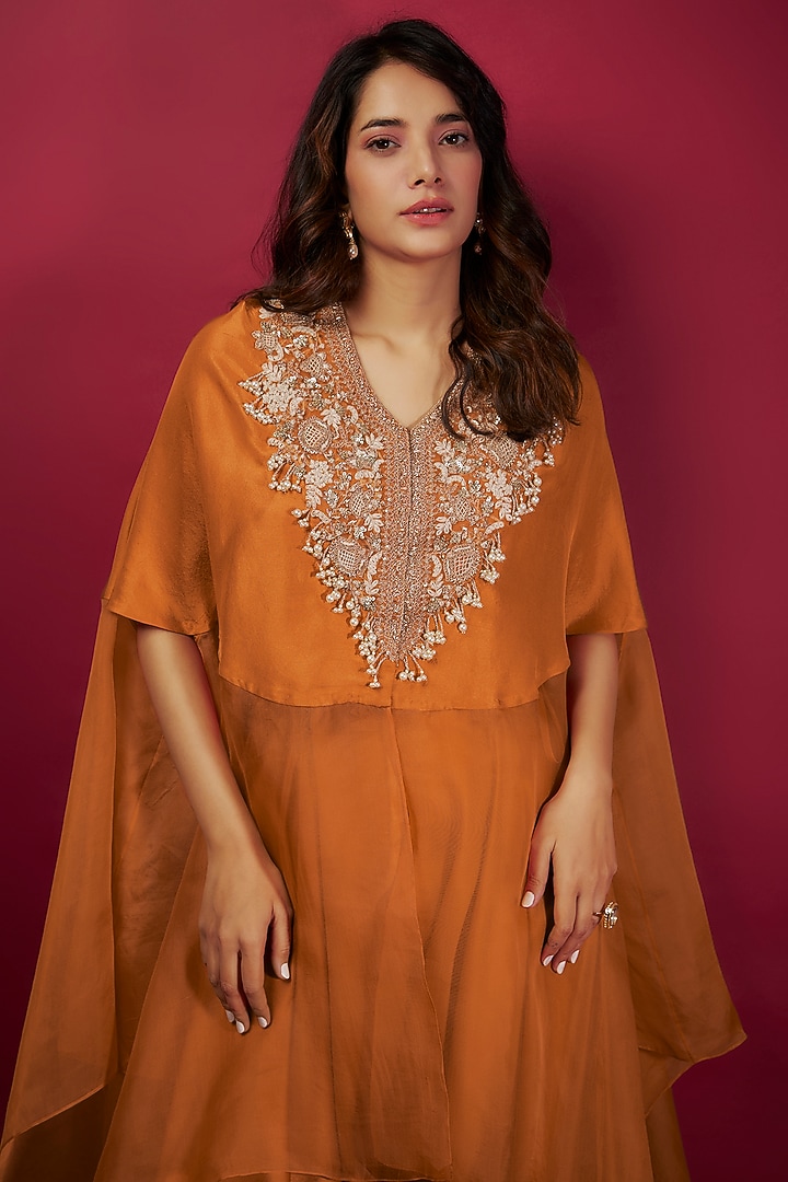 Orange Semi Organza Dori & Resham Embroidered Kaftan Set by Prisho at Pernia's Pop Up Shop