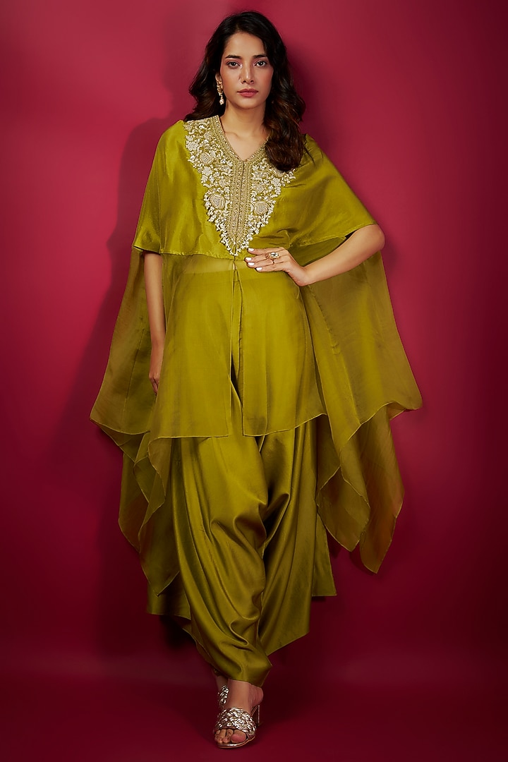 Olive Green Semi Organza Dori & Resham Embroidered Kaftan Set by Prisho at Pernia's Pop Up Shop