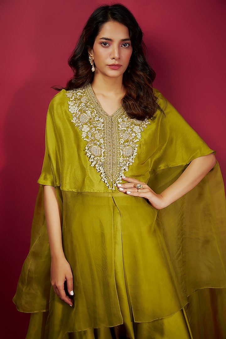Olive Green Semi Organza Dori & Resham Embroidered Kaftan Set by Prisho at Pernia's Pop Up Shop