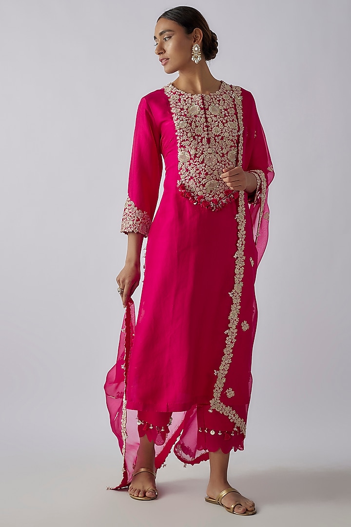 Rani Pink Silk Resham Work Kurta Set by Prisho at Pernia's Pop Up Shop