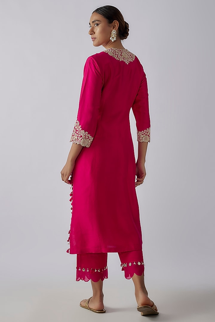 Rani Pink Silk Resham Work Kurta Set by Prisho at Pernia's Pop Up Shop