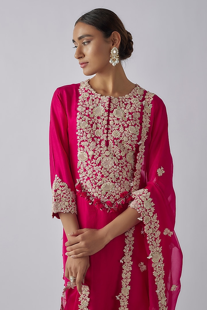 Rani Pink Silk Resham Work Kurta Set by Prisho at Pernia's Pop Up Shop