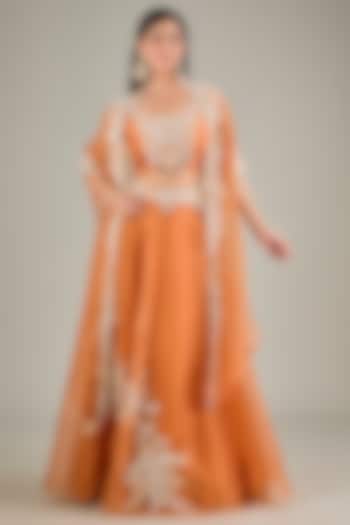 Orange Organza Resham Work Skirt Set by Prisho