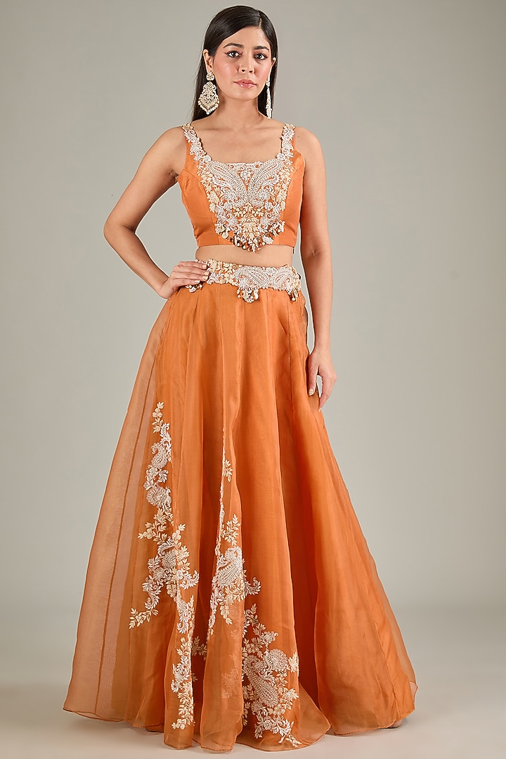Orange Organza Resham Work Skirt Set by Prisho at Pernia's Pop Up Shop