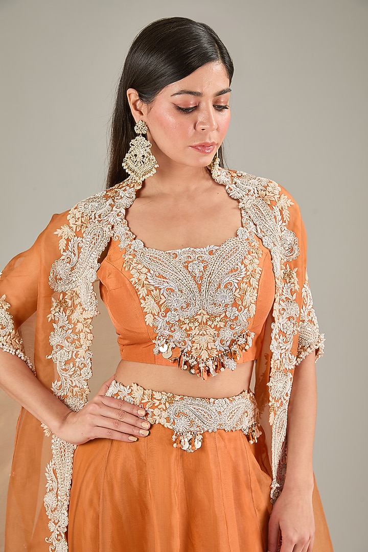 Orange Organza Resham Work Skirt Set by Prisho at Pernia's Pop Up Shop