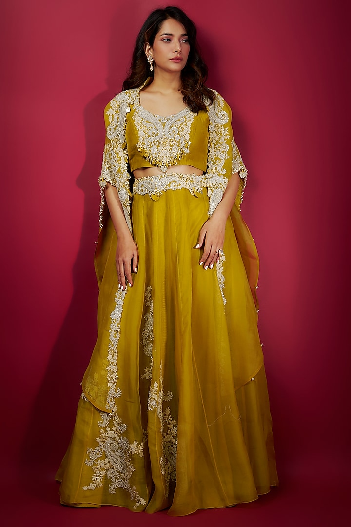 Yellow Silk & Organza Kalidar Skirt Set by Prisho at Pernia's Pop Up Shop