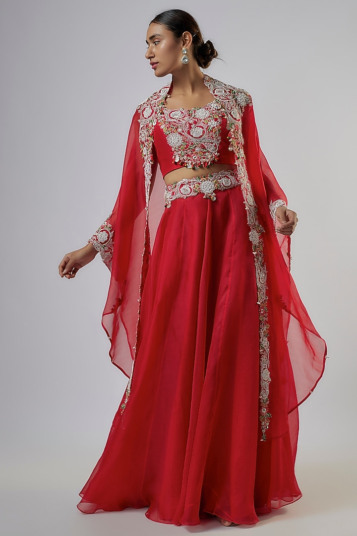 Red Organza Dori Work Skirt Set by Prisho at Pernia's Pop Up Shop