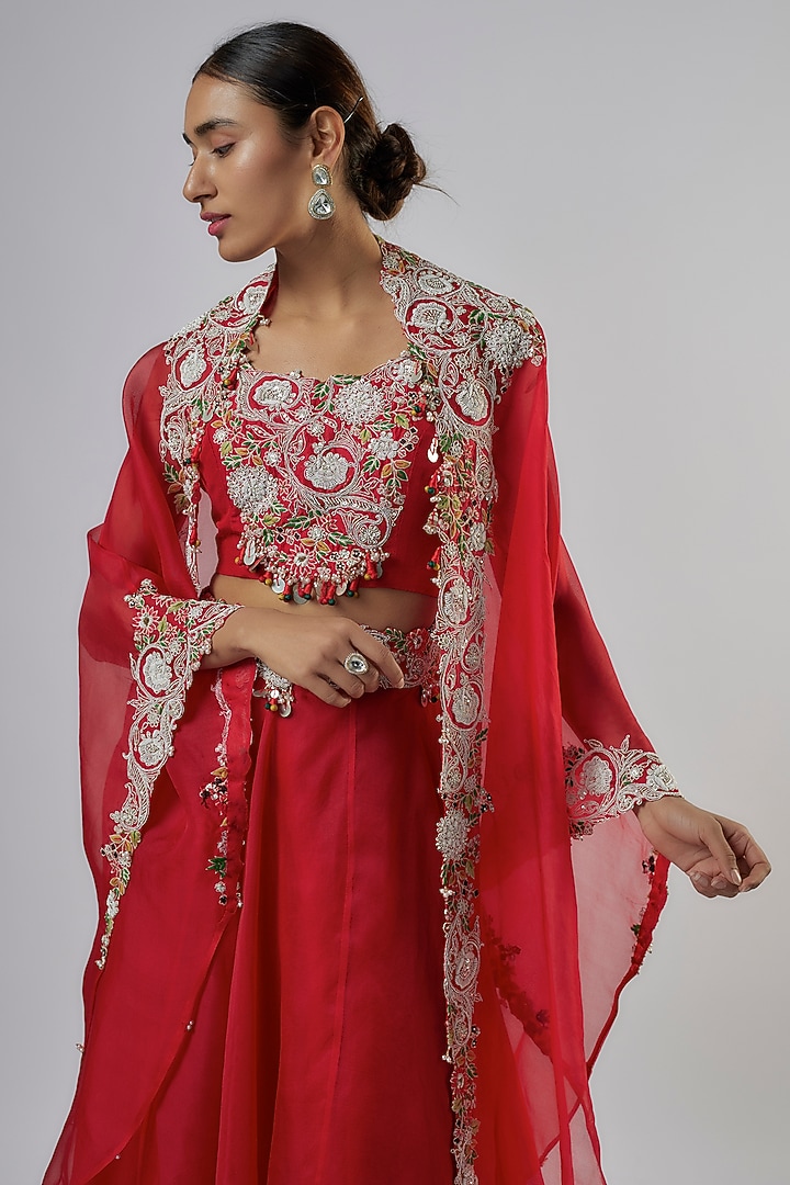 Red Organza Dori Work Skirt Set by Prisho at Pernia's Pop Up Shop