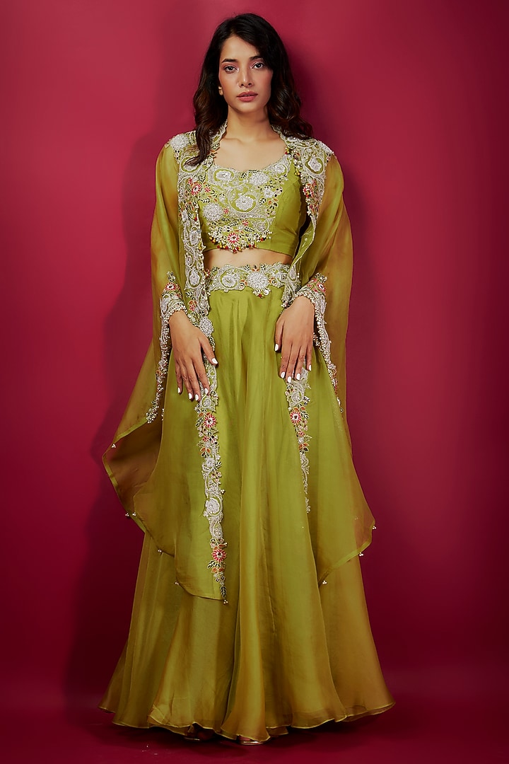 Lime Green Silk & Organza Kalidar Skirt Set by Prisho at Pernia's Pop Up Shop