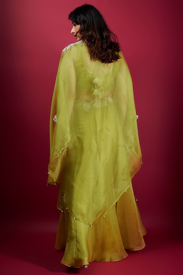 Lime Green Silk & Organza Kalidar Skirt Set by Prisho at Pernia's Pop Up Shop