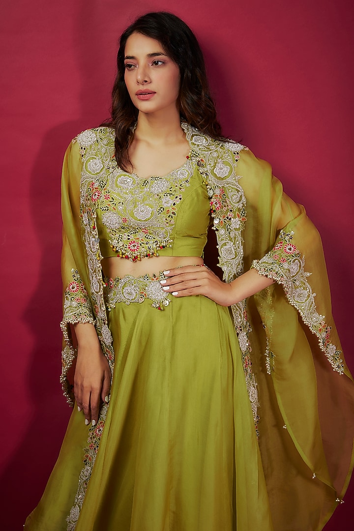 Lime Green Silk & Organza Kalidar Skirt Set by Prisho at Pernia's Pop Up Shop