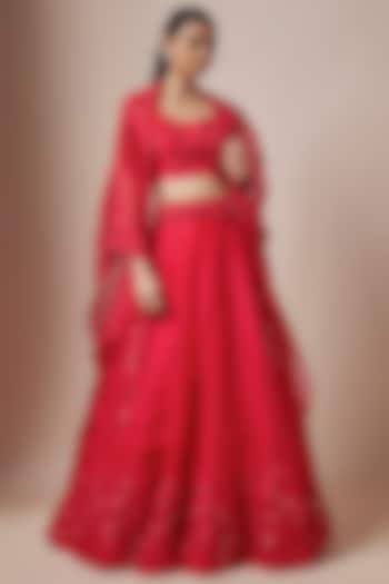 Fuschia Organza Resham Embroidered Jacket Wedding Lehenga Set by Prisho at Pernia's Pop Up Shop