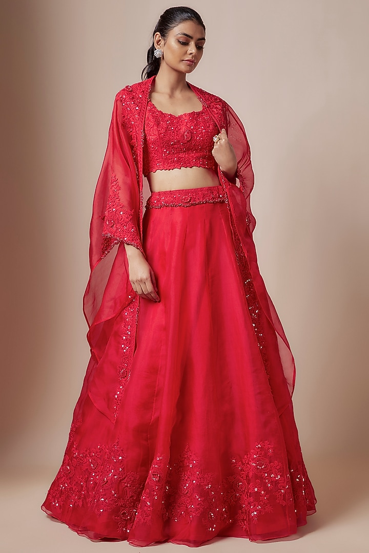 Fuschia Organza Resham Embroidered Jacket Wedding Lehenga Set by Prisho at Pernia's Pop Up Shop