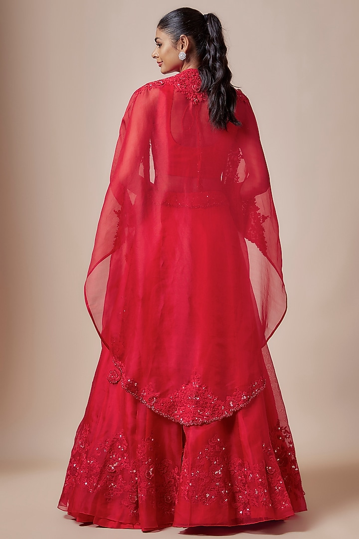 Fuschia Organza Resham Embroidered Jacket Wedding Lehenga Set by Prisho at Pernia's Pop Up Shop