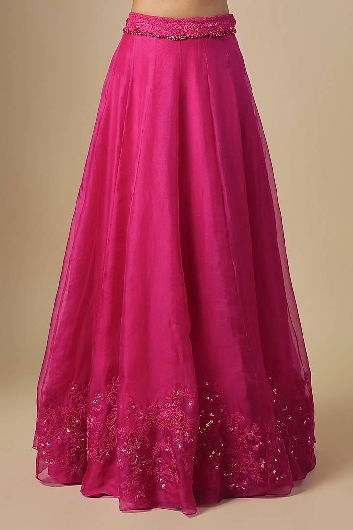 Fuschia Organza Resham Embroidered Jacket Wedding Lehenga Set by Prisho at Pernia's Pop Up Shop