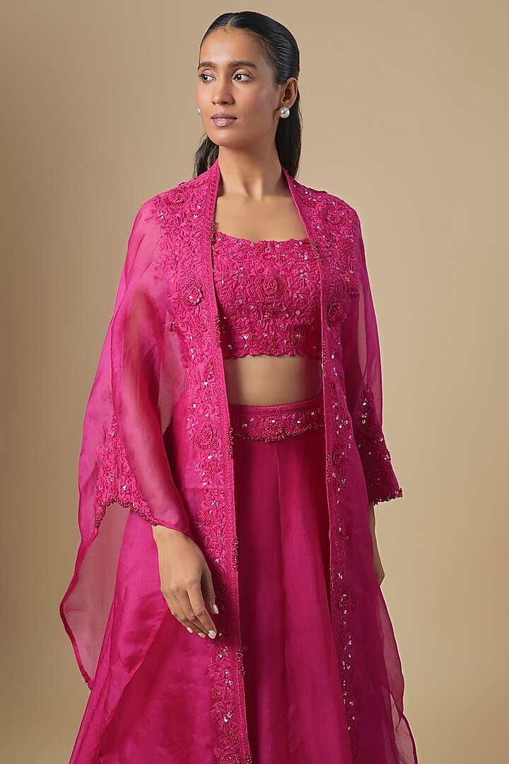 Fuschia Organza Resham Embroidered Jacket Wedding Lehenga Set by Prisho at Pernia's Pop Up Shop