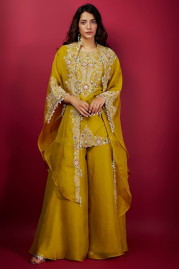 Yellow Organza Wedding Sharara Set by Prisho at Pernia's Pop Up Shop